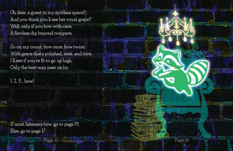 A page from the book where the butler racoon is surprised to have a visitor.