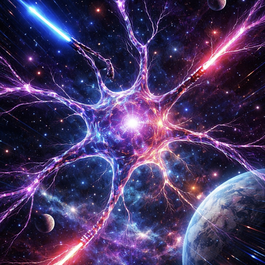 A neuron that looks like a galaxy core and is made of light sabers.