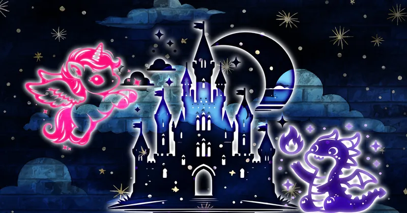 the book cover with a castle, a dragon and a unicorn up a blue brick chimney